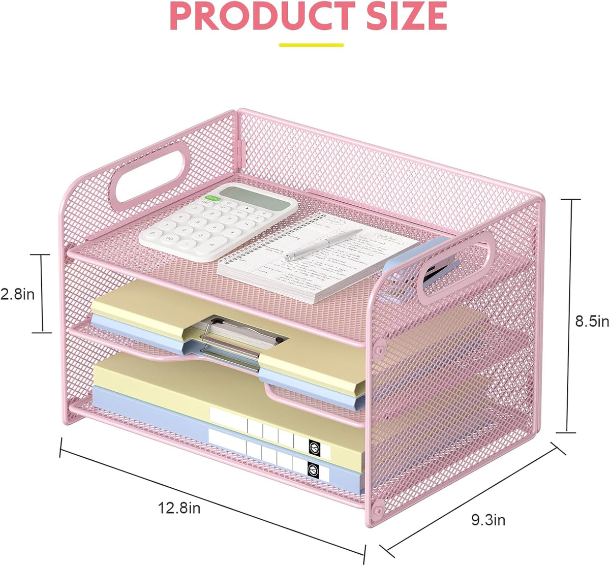 3 Tier Pink Letter Tray Paper Organizer with Handle, Mesh Desk Organizer Paper Sorter File Rack Shelves, Pink