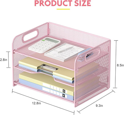 3 Tier Pink Letter Tray Paper Organizer with Handle, Mesh Desk Organizer Paper Sorter File Rack Shelves, Pink