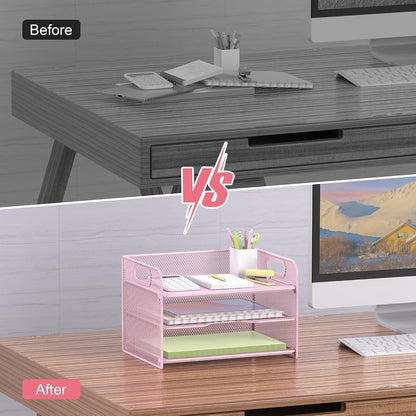 3 Tier Pink Letter Tray Paper Organizer with Handle, Mesh Desk Organizer Paper Sorter File Rack Shelves, Pink