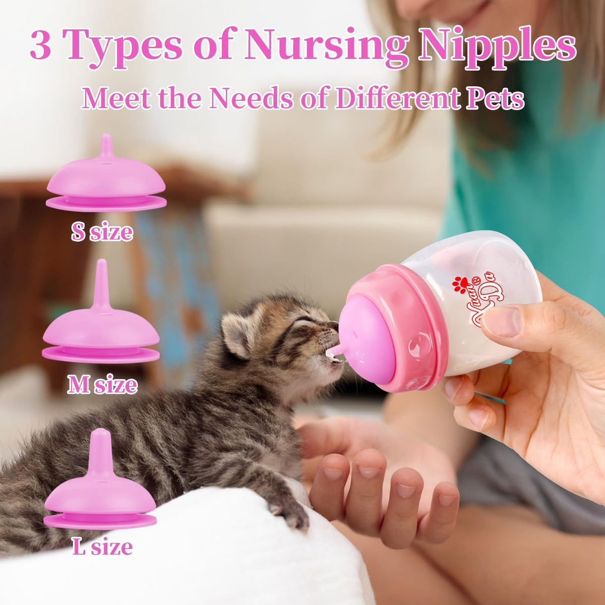 Pet Feeding Bottle,3 Pack 60ml Nursing Bottle, 3 Sizes Nipples with Ventilation Valve Resistant Tearing Perfect for Puppies, Kittens, Small Wildlife (Pink)