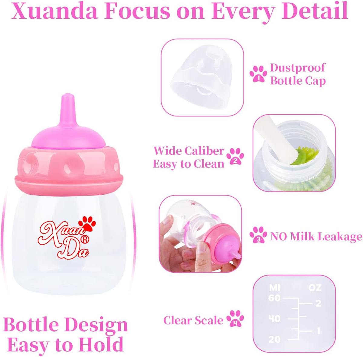 Pet Feeding Bottle,3 Pack 60ml Nursing Bottle, 3 Sizes Nipples with Ventilation Valve Resistant Tearing Perfect for Puppies, Kittens, Small Wildlife (Pink)