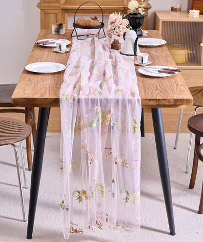 2 Packs Embroidery Lace Fall Table Runner 10ft Floral Garden Seasonal Tulle Table Runner Holiday Kitchen Dining Table Decoration for Wedding Party Baby Shower Birthday (Pink,30"x120")