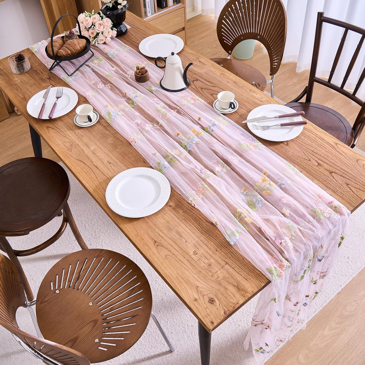 2 Packs Embroidery Lace Fall Table Runner 10ft Floral Garden Seasonal Tulle Table Runner Holiday Kitchen Dining Table Decoration for Wedding Party Baby Shower Birthday (Pink,30"x120")