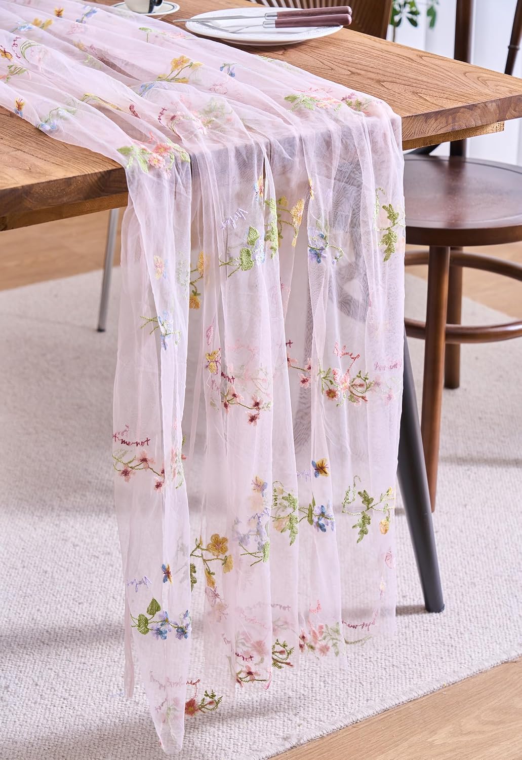 2 Packs Embroidery Lace Fall Table Runner 10ft Floral Garden Seasonal Tulle Table Runner Holiday Kitchen Dining Table Decoration for Wedding Party Baby Shower Birthday (Pink,30"x120")
