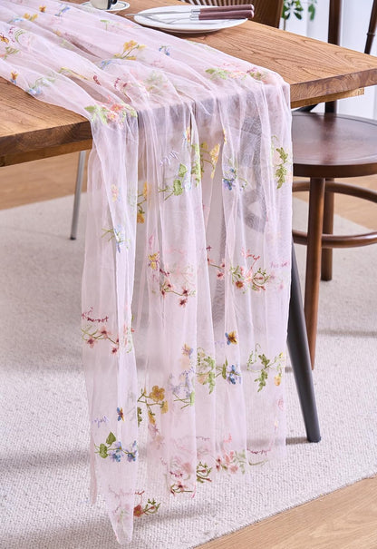 2 Packs Embroidery Lace Fall Table Runner 10ft Floral Garden Seasonal Tulle Table Runner Holiday Kitchen Dining Table Decoration for Wedding Party Baby Shower Birthday (Pink,30"x120")