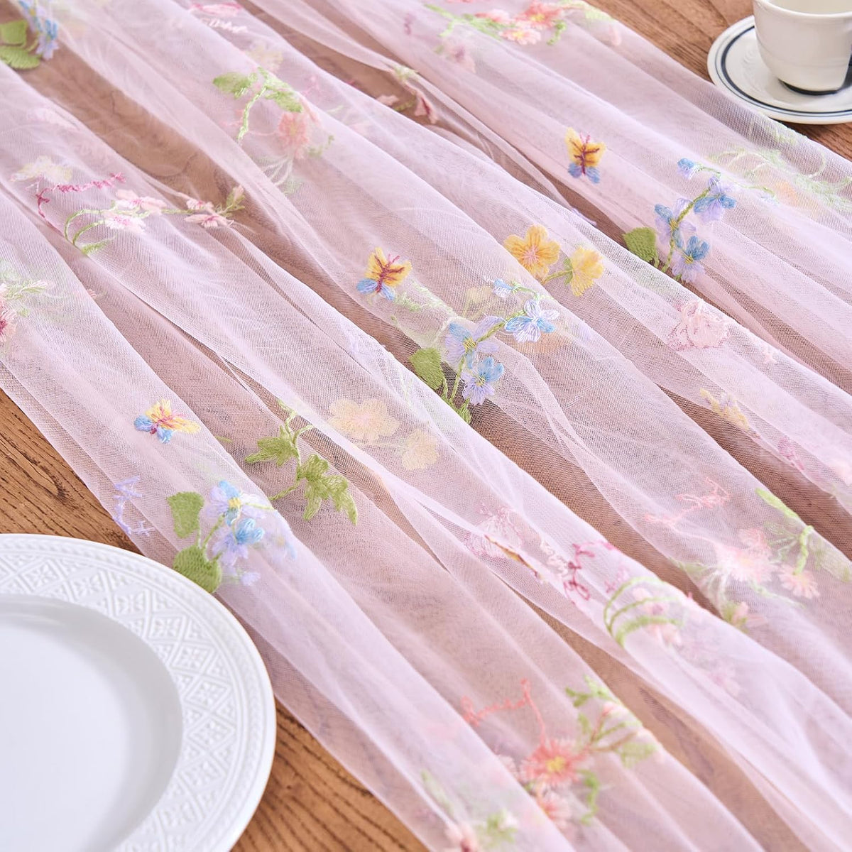 2 Packs Embroidery Lace Fall Table Runner 10ft Floral Garden Seasonal Tulle Table Runner Holiday Kitchen Dining Table Decoration for Wedding Party Baby Shower Birthday (Pink,30"x120")