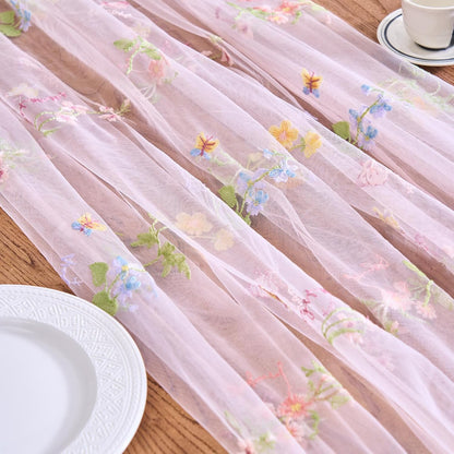 2 Packs Embroidery Lace Fall Table Runner 10ft Floral Garden Seasonal Tulle Table Runner Holiday Kitchen Dining Table Decoration for Wedding Party Baby Shower Birthday (Pink,30"x120")