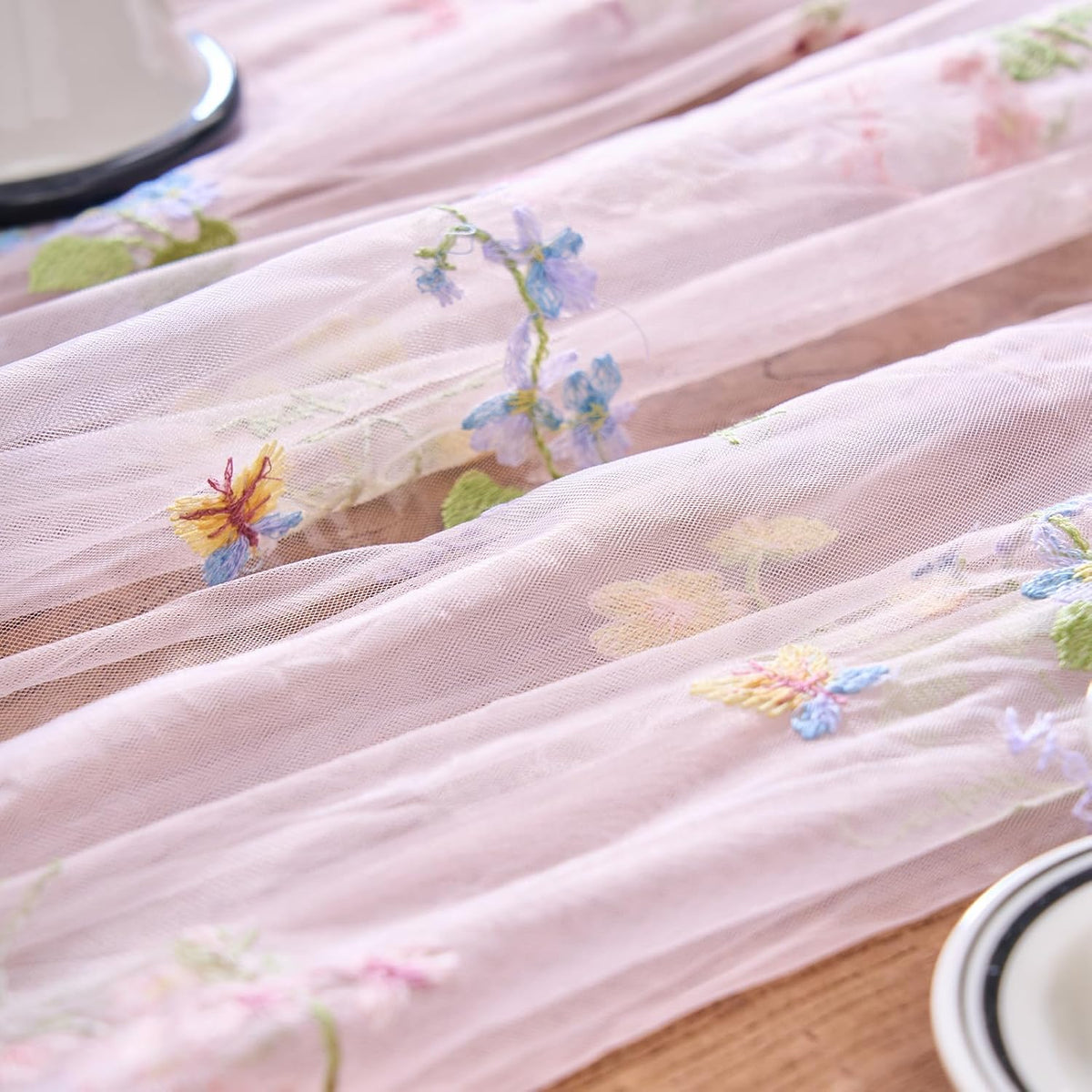 2 Packs Embroidery Lace Fall Table Runner 10ft Floral Garden Seasonal Tulle Table Runner Holiday Kitchen Dining Table Decoration for Wedding Party Baby Shower Birthday (Pink,30"x120")