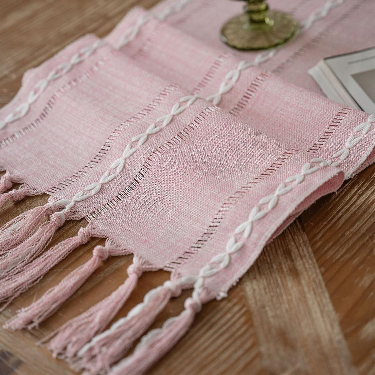 Pink Table Runner 72 Inches Long with Tassels - Gifts for Women, Birthday Table Decorations Linen Runners for Wedding Party Baby Shower Decor (Pink, 12"×72")