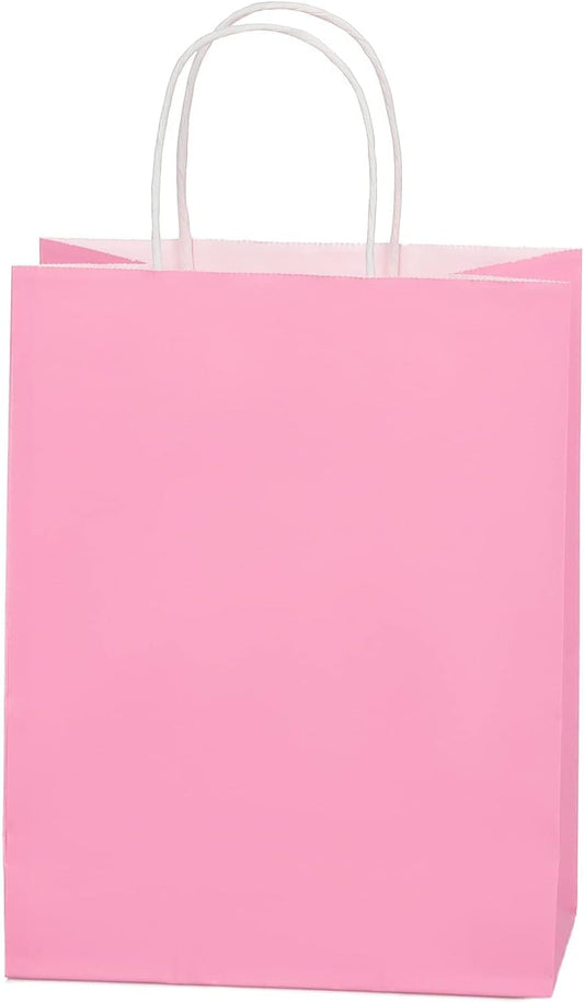 Pink Paper Gift Bags with Handles DIY Birthday Party Favor Bags | 10"x8"x4.25" Medium Size Paper Bags for Mother's Day