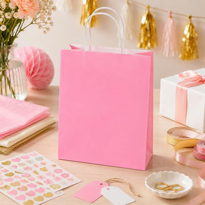 Pink Paper Gift Bags with Handles DIY Birthday Party Favor Bags | 10"x8"x4.25" Medium Size Paper Bags for Mother's Day