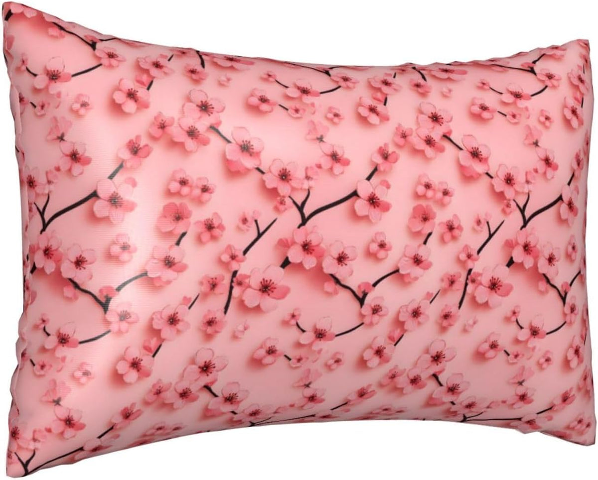 Cute Pink Peach Blossom Satin Pillowcase for Hair and Skin 20x30 in Queen Size Pillows Case Cover with Zipper (Without Inserts)