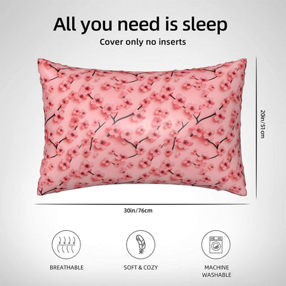Cute Pink Peach Blossom Satin Pillowcase for Hair and Skin 20x30 in Queen Size Pillows Case Cover with Zipper (Without Inserts)