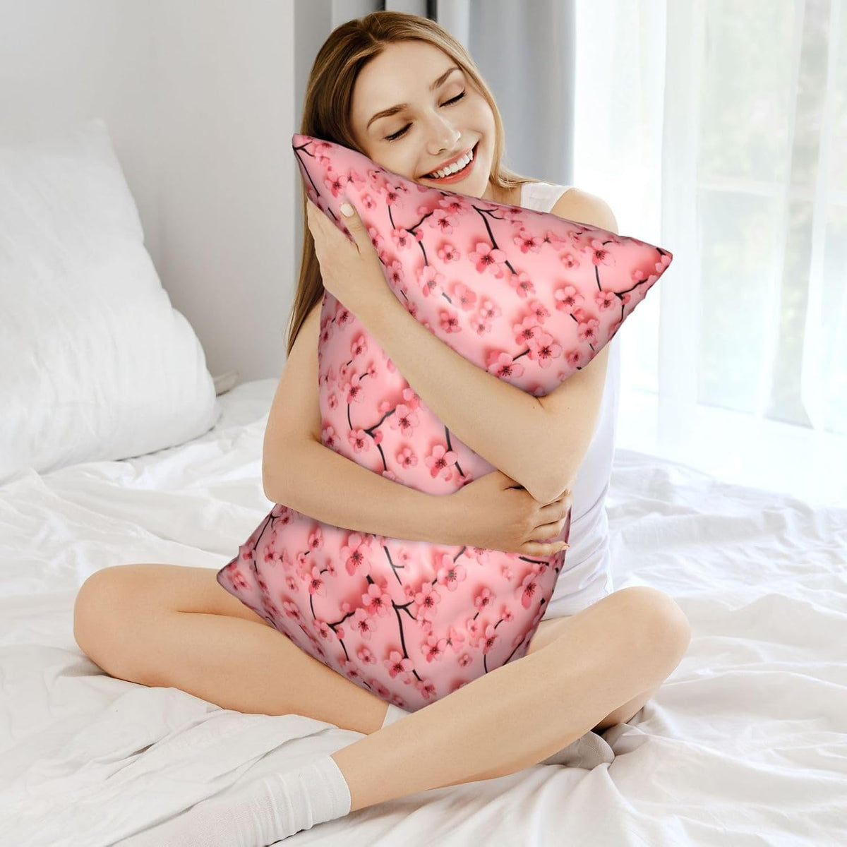 Cute Pink Peach Blossom Satin Pillowcase for Hair and Skin 20x30 in Queen Size Pillows Case Cover with Zipper (Without Inserts)