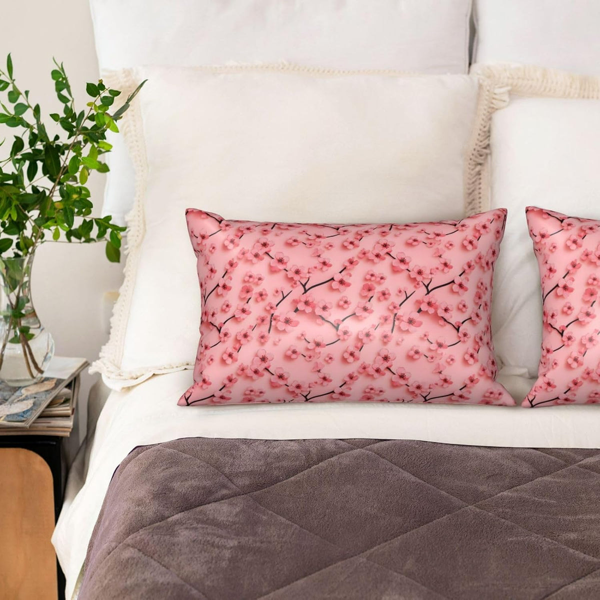 Cute Pink Peach Blossom Satin Pillowcase for Hair and Skin 20x30 in Queen Size Pillows Case Cover with Zipper (Without Inserts)