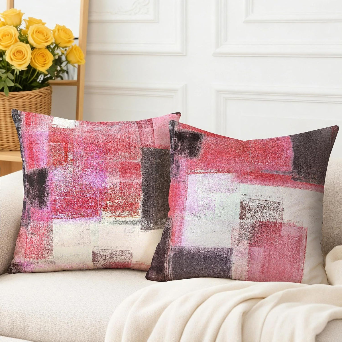 4 Pack Pink Grey Throw Pillow Covers 18x18 Printed Art Decor, Polyester Modern Abstract Art, Decorative Cushion Cases for Couch Sofa Bed, for Family Friend, Vibrant Home Decor