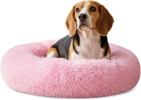 Calming Donut Dog Bed, Washable Faux Fur, 30 Inch Medium, Pink
