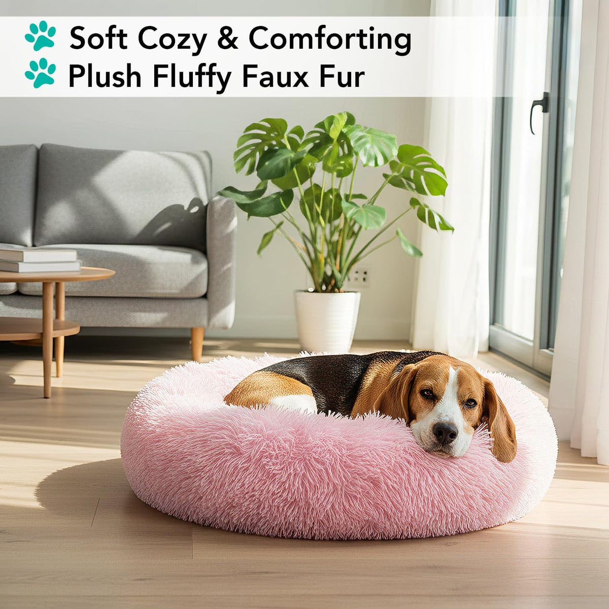 Calming Donut Dog Bed, Washable Faux Fur, 30 Inch Medium, Pink
