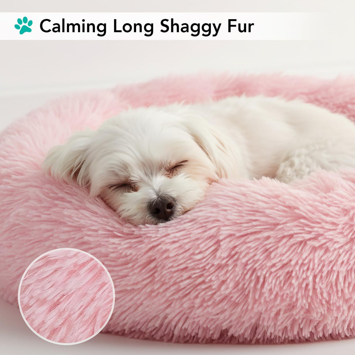 Calming Donut Dog Bed, Washable Faux Fur, 30 Inch Medium, Pink