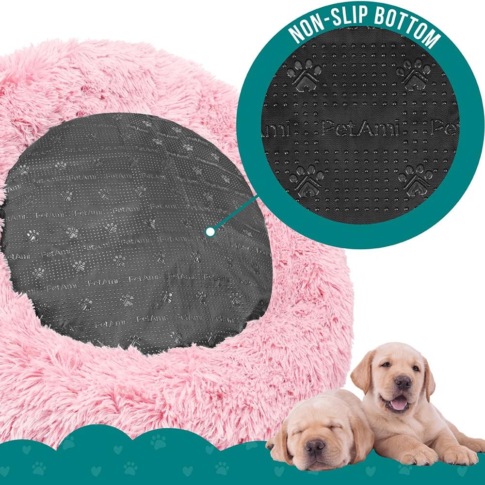 Calming Donut Dog Bed, Washable Faux Fur, 30 Inch Medium, Pink