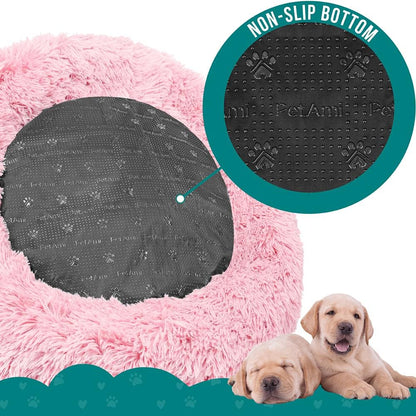 Calming Donut Dog Bed, Washable Faux Fur, 30 Inch Medium, Pink