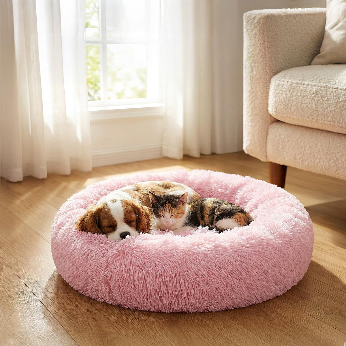 Calming Donut Dog Bed, Washable Faux Fur, 30 Inch Medium, Pink