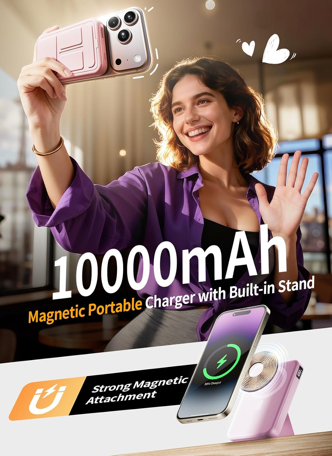 for Magsafe Battery Pack, 10000mAh Wireless Portable Charger with 20W USB-C Fast Charging, Foldable Stand & LED Display Magnetic Power Bank, Compatible with iPhone 17/16/15/14 All Series-Pink