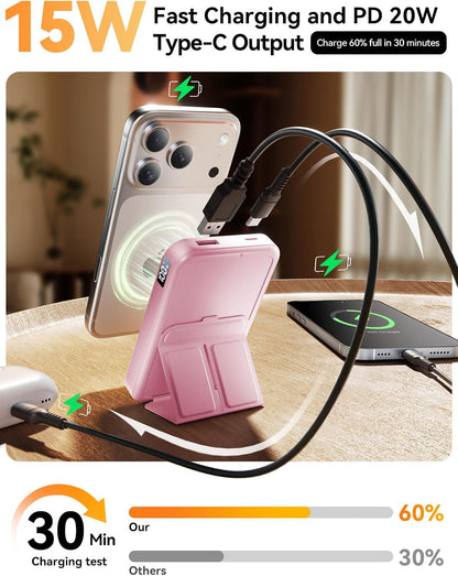 for Magsafe Battery Pack, 10000mAh Wireless Portable Charger with 20W USB-C Fast Charging, Foldable Stand & LED Display Magnetic Power Bank, Compatible with iPhone 17/16/15/14 All Series-Pink