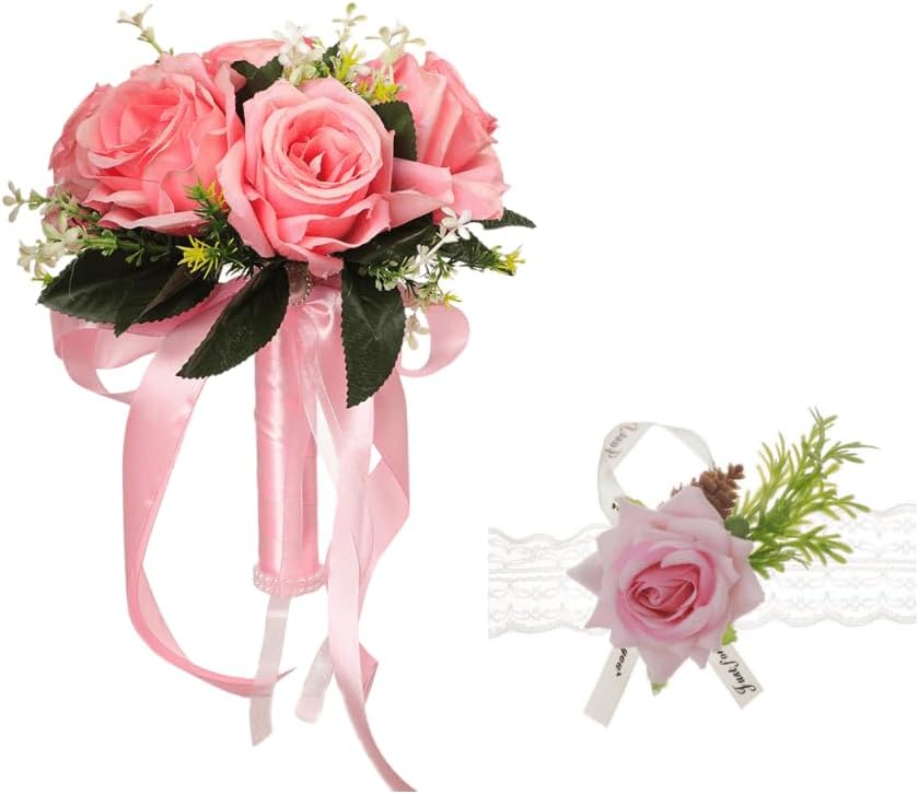 Wedding Bouquets for Bride with Rose Flowers Artificial Wrist Flower,Pink