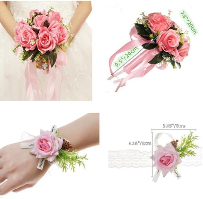 Wedding Bouquets for Bride with Rose Flowers Artificial Wrist Flower,Pink