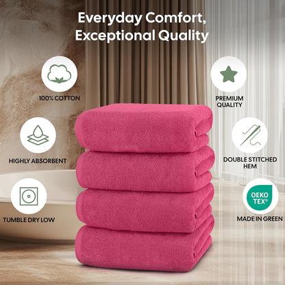Luxury 4-Pack Pink Turkish Cotton Bath Towels, 550 GSM 100% Cotton – 27x54 Inch, Ultra Soft, Quick Dry & Highly Absorbent for Bathroom, Gym & Travel