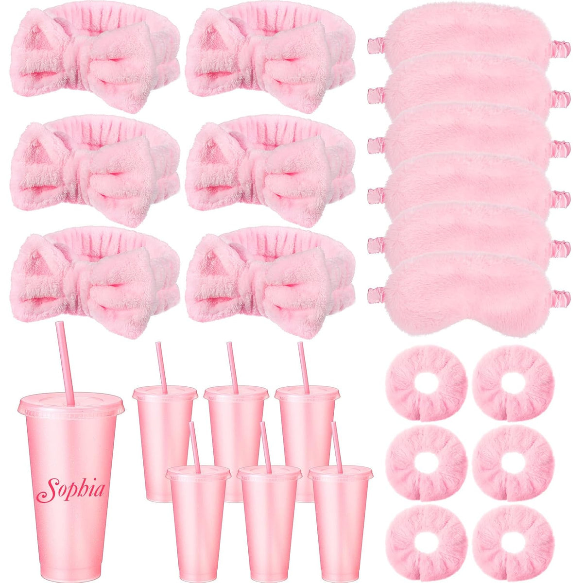24 Pcs Spa Party Supplies for Women Sleepover Slumber Party Favors Include 6 Pink Spa Headband 6 Velvet Scrunchies 6 Eye Mask 6 Pink Plastic Cups Tumbler Valentine Galentine Gift for Beauty