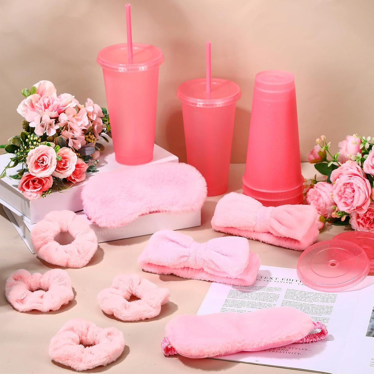 24 Pcs Spa Party Supplies for Women Sleepover Slumber Party Favors Include 6 Pink Spa Headband 6 Velvet Scrunchies 6 Eye Mask 6 Pink Plastic Cups Tumbler Valentine Galentine Gift for Beauty
