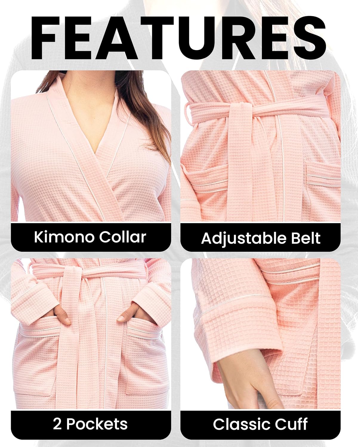 Cotton Blend Lightweight Waffle Robe for Women Knee-Length Soft Bathrobe