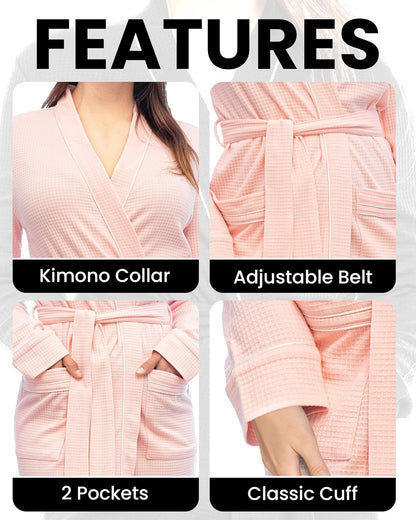 Cotton Blend Lightweight Waffle Robe for Women Knee-Length Soft Bathrobe