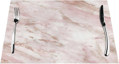 Pink Marble - Rose Gold Accents 6pc Woven PVC Placemats, Heat Resistant Table Mats for Kitchen Decor