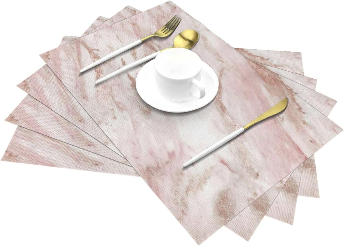 Pink Marble - Rose Gold Accents 6pc Woven PVC Placemats, Heat Resistant Table Mats for Kitchen Decor