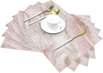 Pink Marble - Rose Gold Accents 6pc Woven PVC Placemats, Heat Resistant Table Mats for Kitchen Decor