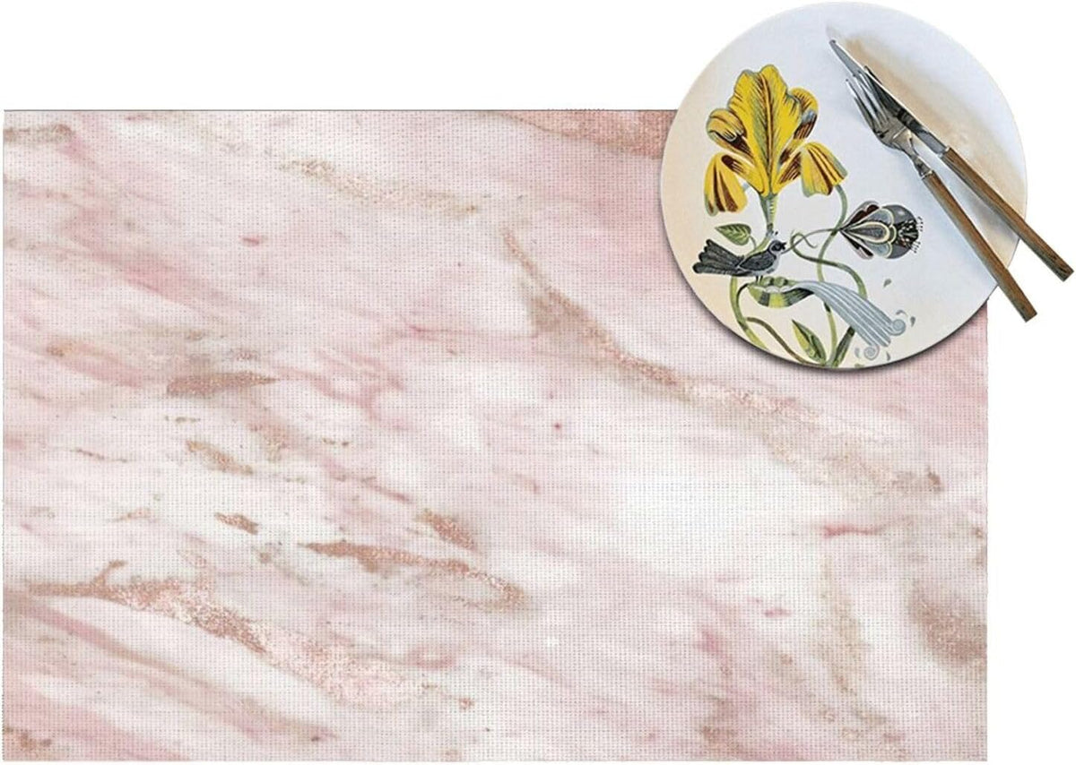 Pink Marble - Rose Gold Accents 6pc Woven PVC Placemats, Heat Resistant Table Mats for Kitchen Decor