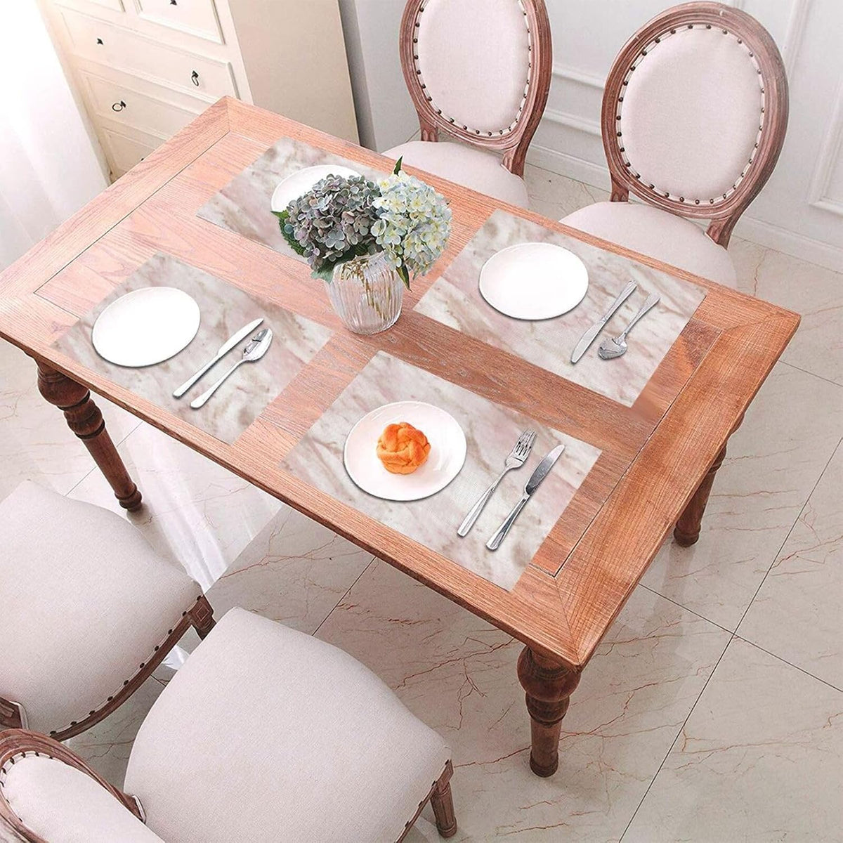 Pink Marble - Rose Gold Accents 6pc Woven PVC Placemats, Heat Resistant Table Mats for Kitchen Decor