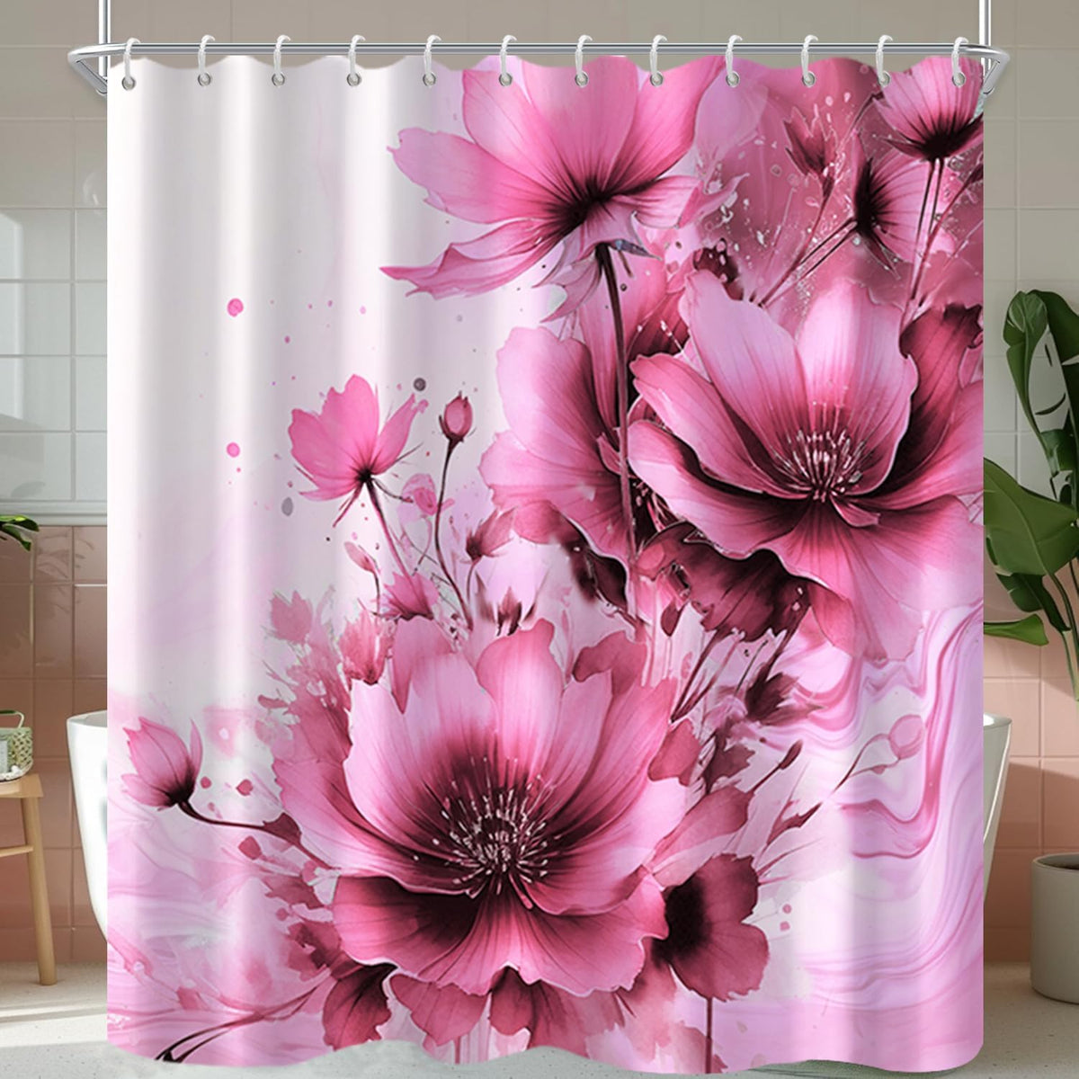 Pink Floral Shower Curtain Set for Bathroom 72" Wx72 L