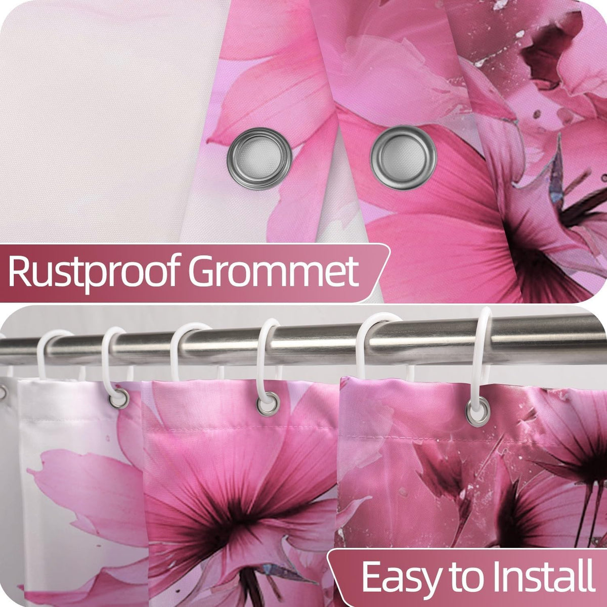 Pink Floral Shower Curtain Set for Bathroom 72" Wx72 L