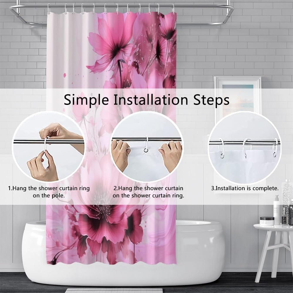 Pink Floral Shower Curtain Set for Bathroom 72" Wx72 L