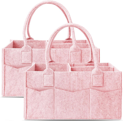 2 Pack Diaper Caddy Organizer - Portable Baby Caddy Organizer with Handle, Nursery Storage Bin and Car Organizer for Girls, Boys - Baby Gift Basket - Pink