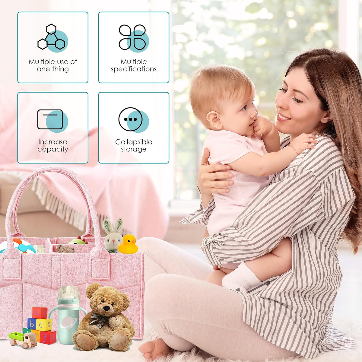 2 Pack Diaper Caddy Organizer - Portable Baby Caddy Organizer with Handle, Nursery Storage Bin and Car Organizer for Girls, Boys - Baby Gift Basket - Pink