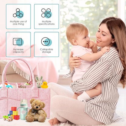 2 Pack Diaper Caddy Organizer - Portable Baby Caddy Organizer with Handle, Nursery Storage Bin and Car Organizer for Girls, Boys - Baby Gift Basket - Pink