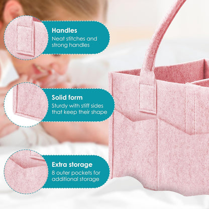 2 Pack Diaper Caddy Organizer - Portable Baby Caddy Organizer with Handle, Nursery Storage Bin and Car Organizer for Girls, Boys - Baby Gift Basket - Pink