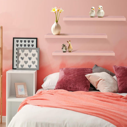 Youyole 3 Pack Pink Floating Shelves for Wall 16 Inch Solid Wood Wall Book Shelf for Bathroom Living Room Bedroom Hanging Display Decor, Princess Aesthetic Room Decor (Pink)
