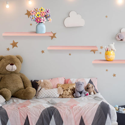 Youyole 3 Pack Pink Floating Shelves for Wall 16 Inch Solid Wood Wall Book Shelf for Bathroom Living Room Bedroom Hanging Display Decor, Princess Aesthetic Room Decor (Pink)