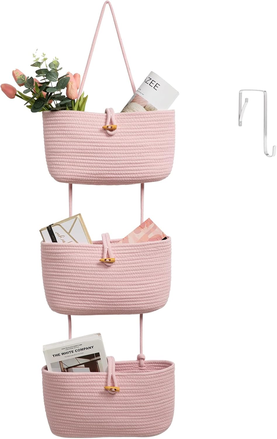 Over the Door Hanging Baskets with Button Strap, 3-Tier Woven Cotton Storage Organizer Bag, Wall-Mounted with Hook Decorative Hanging Nursery Baskets - Pink